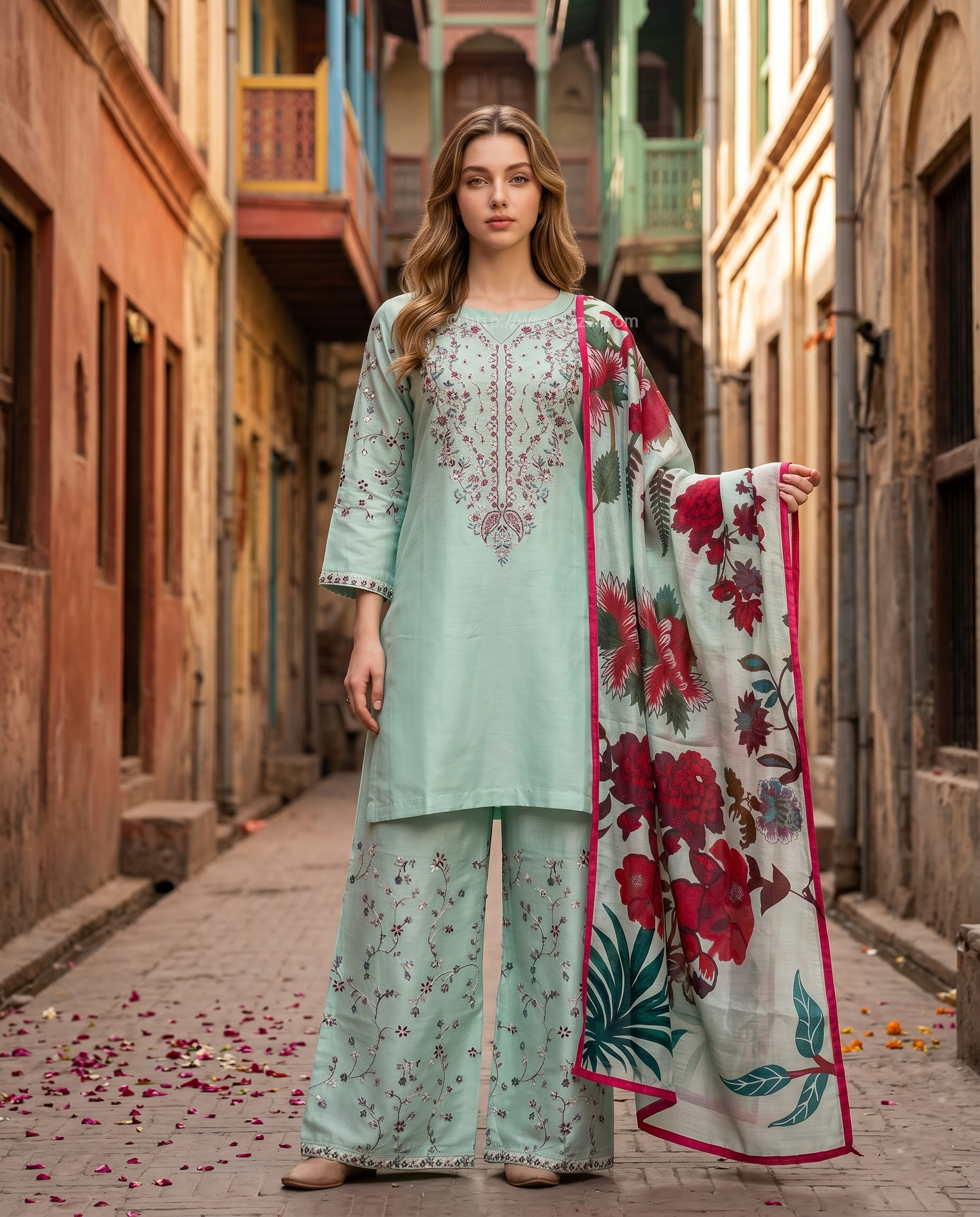 Soft Mint Green 3-Piece Cotton Ready To Wear Suit | Embroidered Kurta Farshi Shalwar Printed Dupatta
