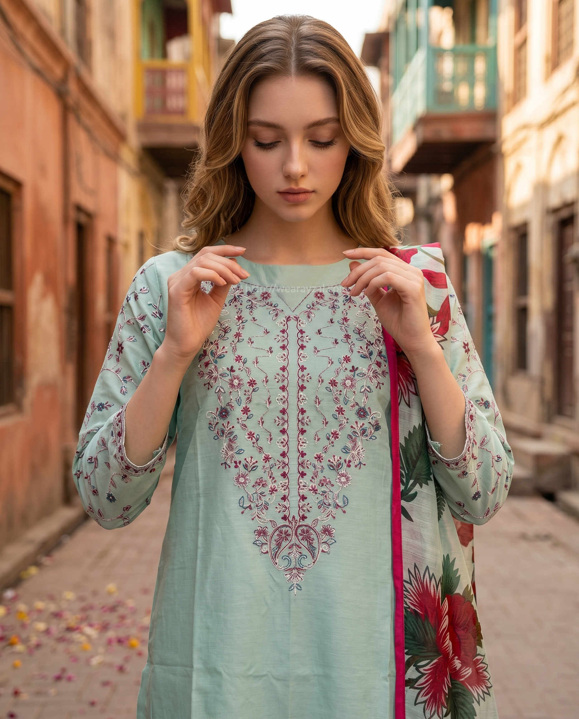 Soft Mint Green 3-Piece Cotton Ready To Wear Suit | Embroidered Kurta Farshi Shalwar Printed Dupatta