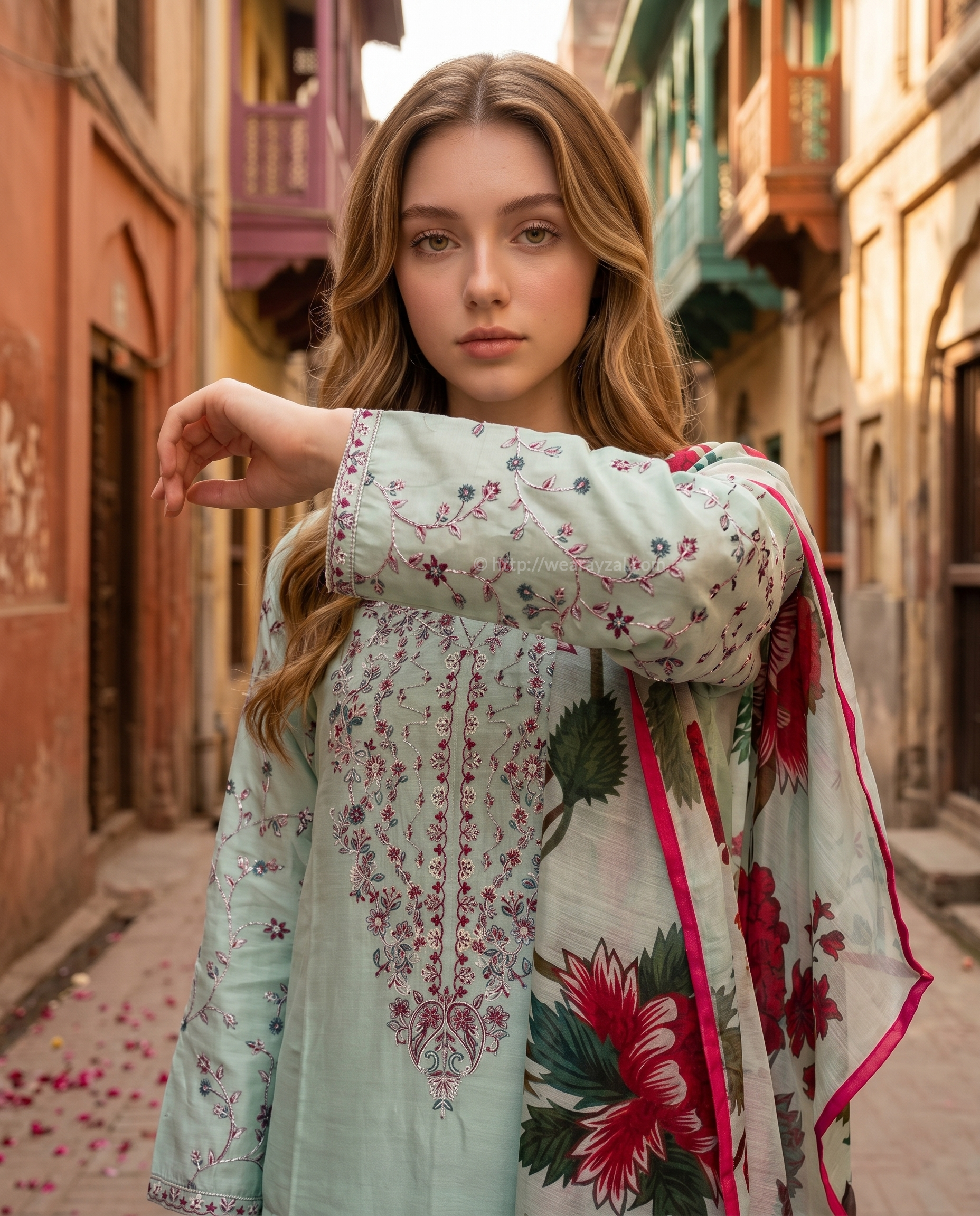 Soft Mint Green 3-Piece Cotton Ready To Wear Suit | Embroidered Kurta Farshi Shalwar Printed Dupatta