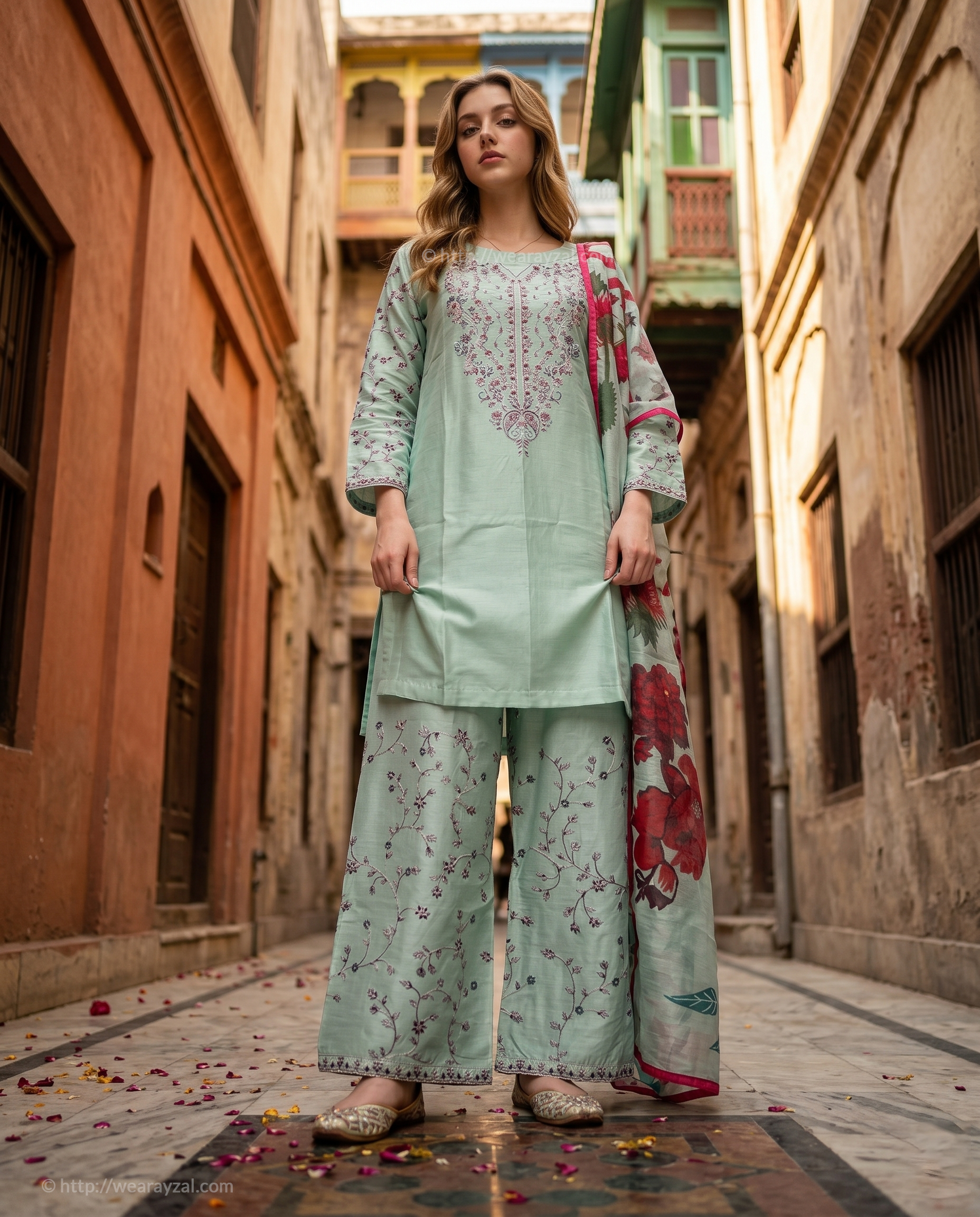 Soft Mint Green 3-Piece Cotton Ready To Wear Suit | Embroidered Kurta Farshi Shalwar Printed Dupatta