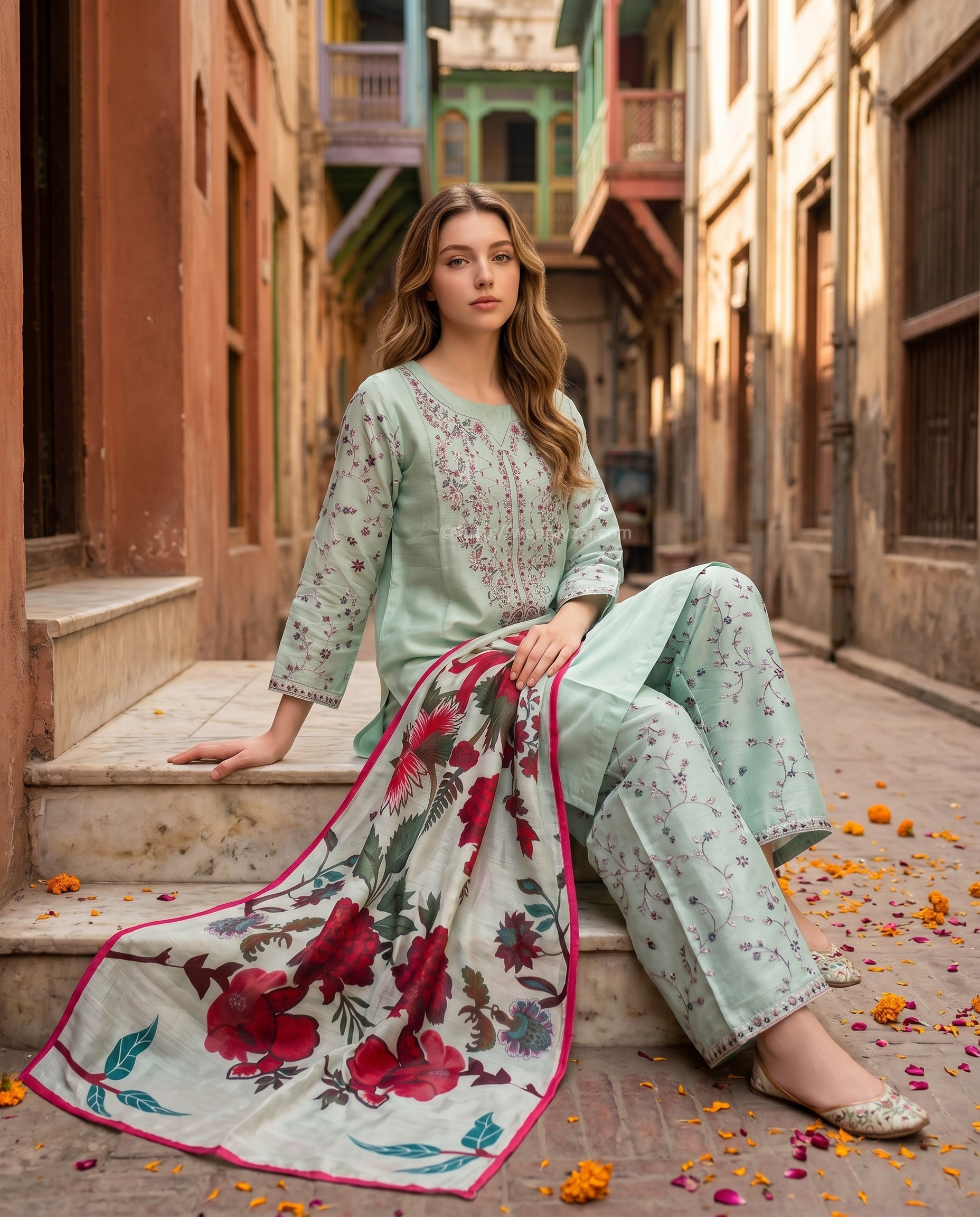 Soft Mint Green 3-Piece Cotton Ready To Wear Suit | Embroidered Kurta Farshi Shalwar Printed Dupatta