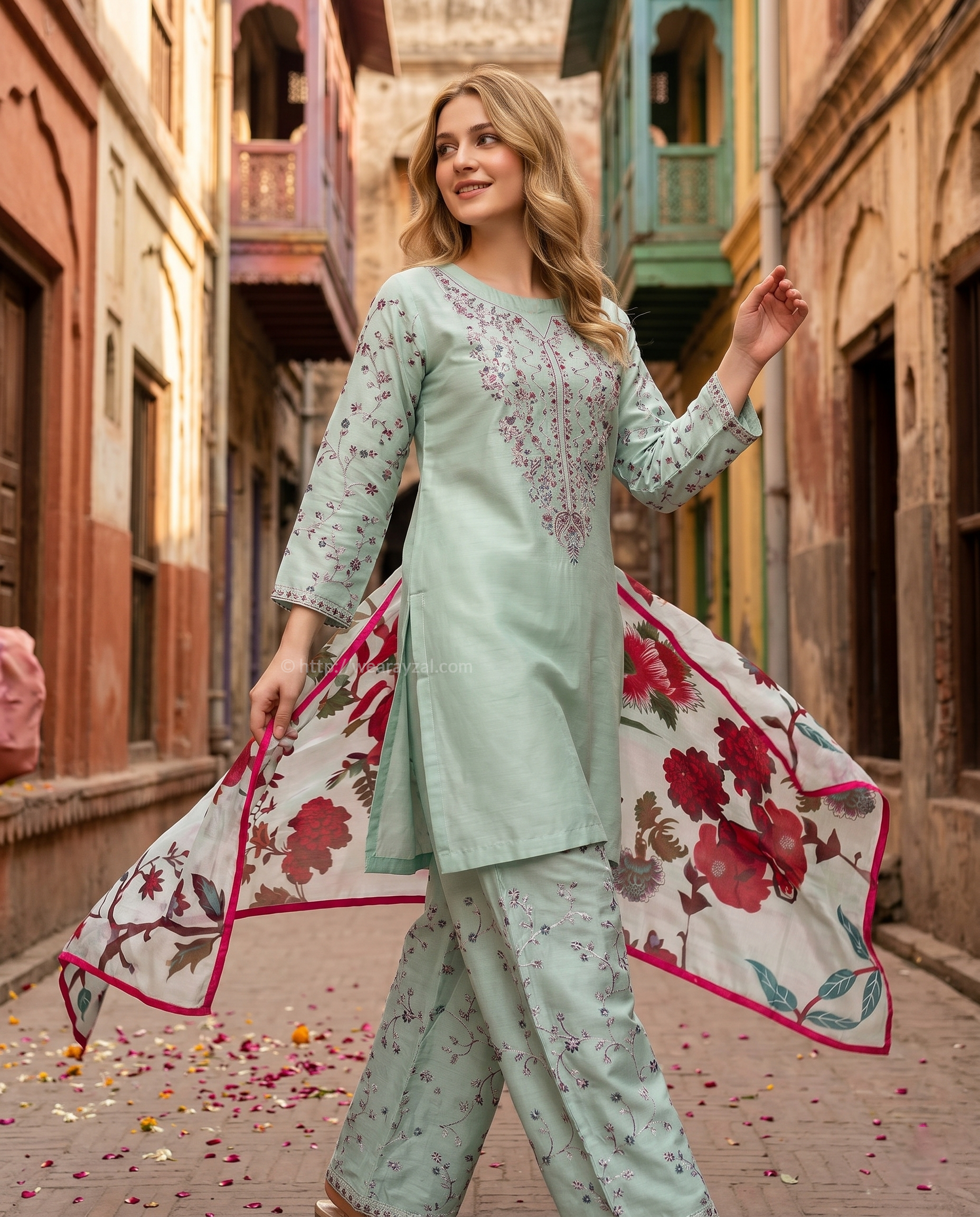 Soft Mint Green 3-Piece Cotton Ready To Wear Suit | Embroidered Kurta Farshi Shalwar Printed Dupatta