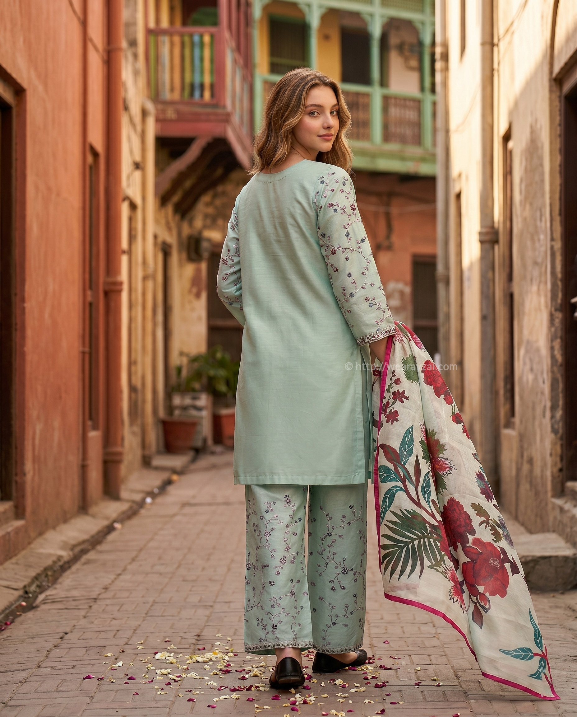 Soft Mint Green 3-Piece Cotton Ready To Wear Suit | Embroidered Kurta Farshi Shalwar Printed Dupatta