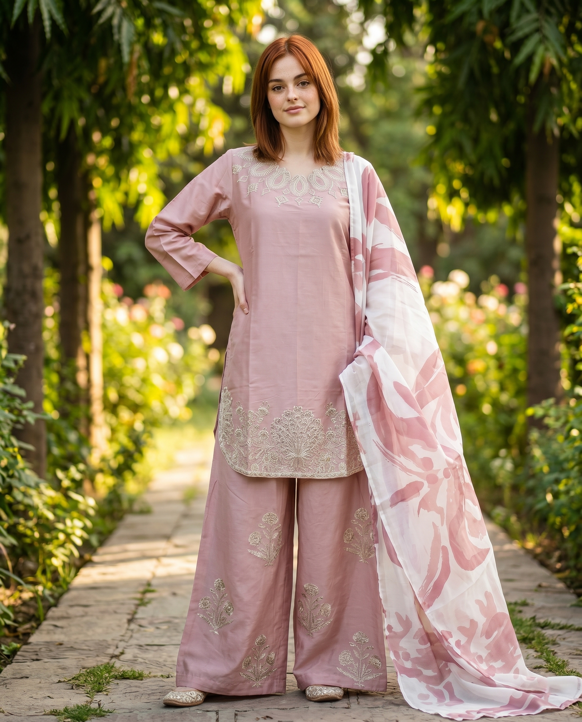 Pink 3-Piece Cotton Ready To Wear Suit | Embroidered Kurta Farshi Shalwar Printed Dupatta