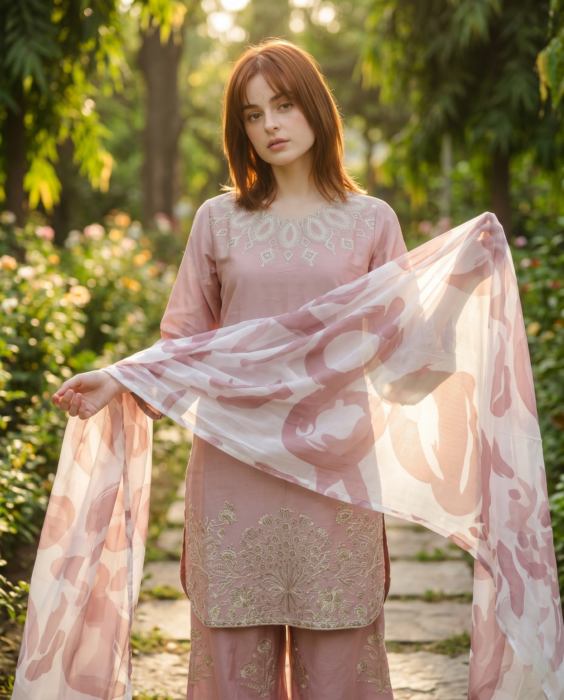 Pink 3-Piece Cotton Ready To Wear Suit | Embroidered Kurta Farshi Shalwar Printed Dupatta