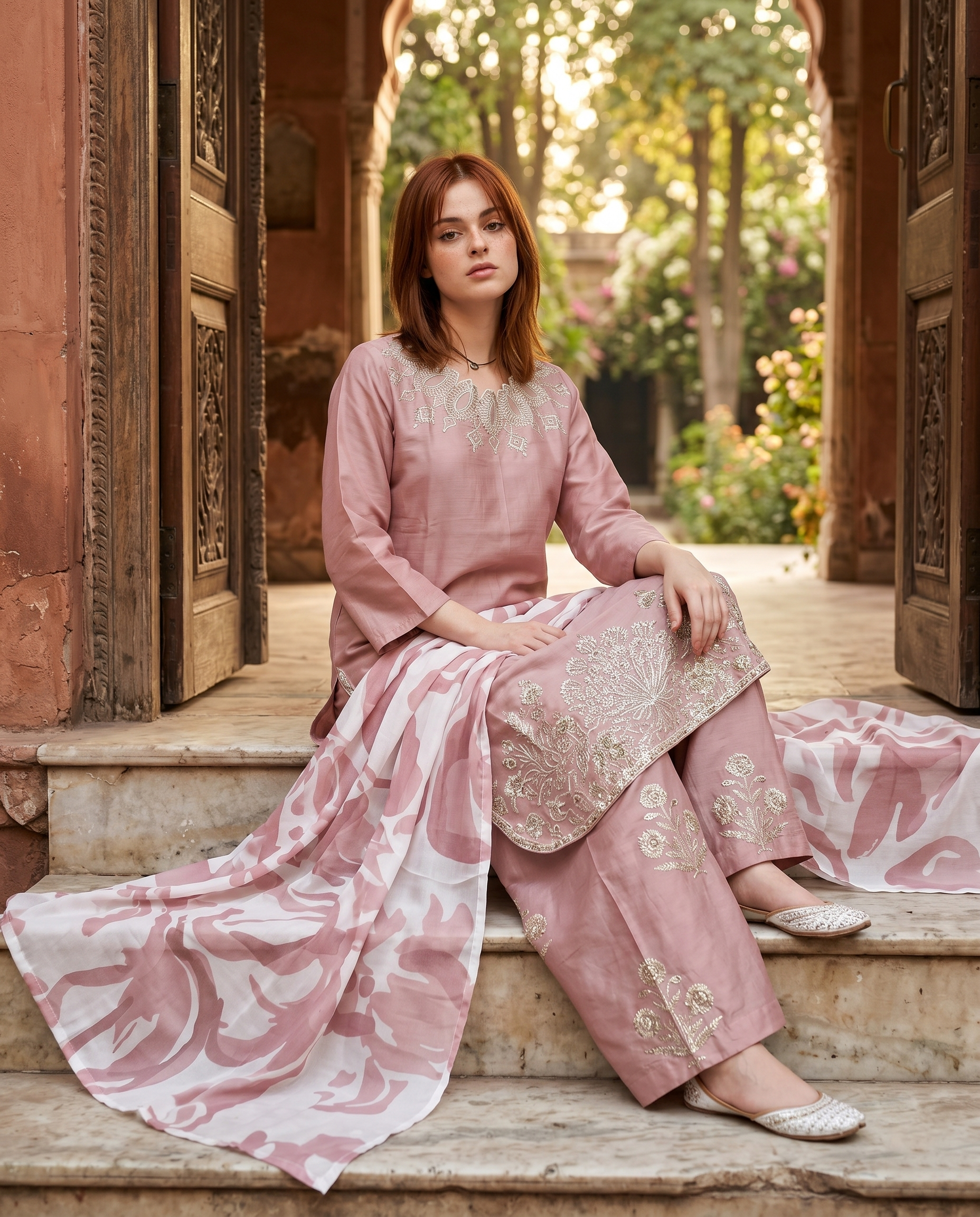 Pink 3-Piece Cotton Ready To Wear Suit | Embroidered Kurta Farshi Shalwar Printed Dupatta