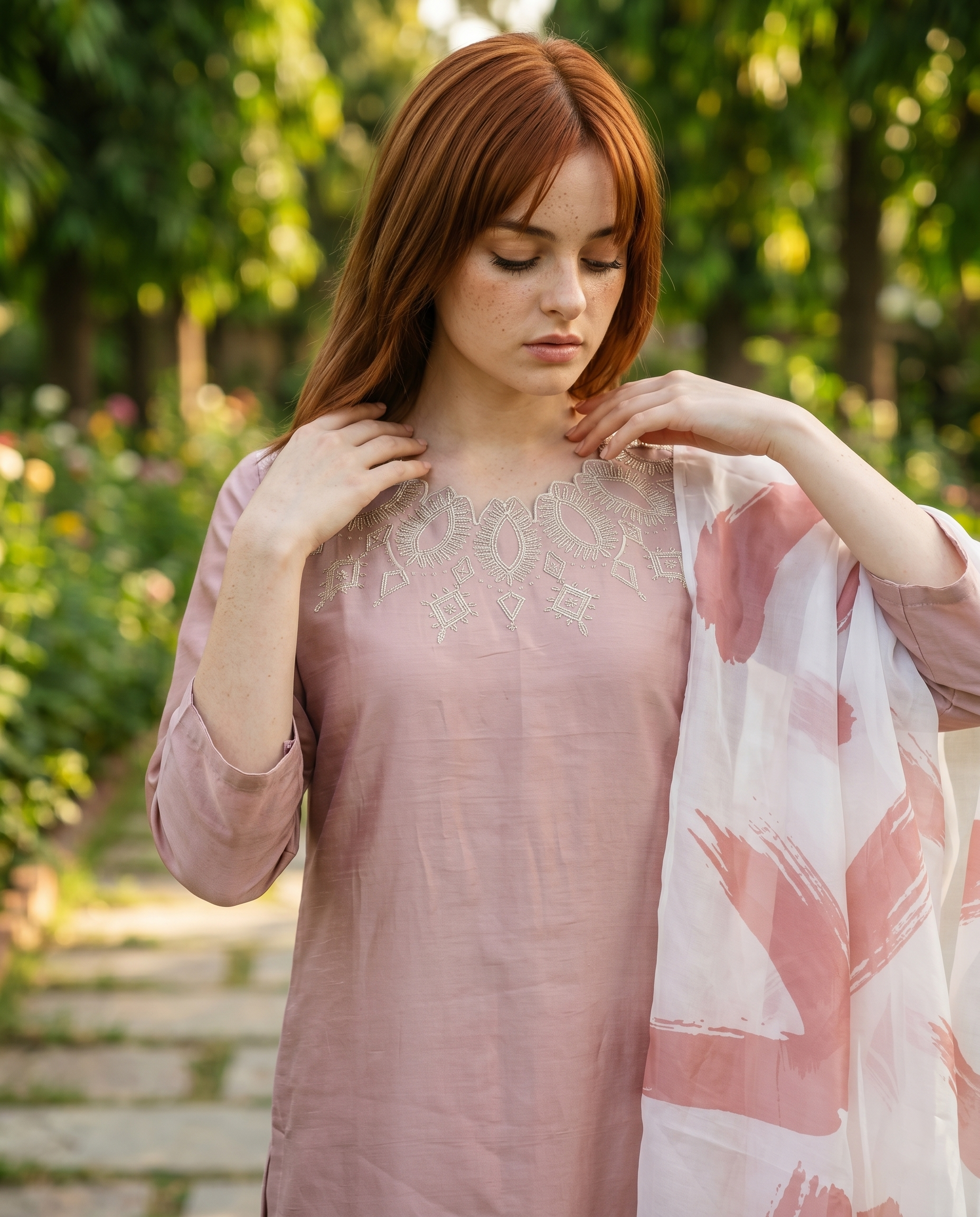 Pink 3-Piece Cotton Ready To Wear Suit | Embroidered Kurta Farshi Shalwar Printed Dupatta