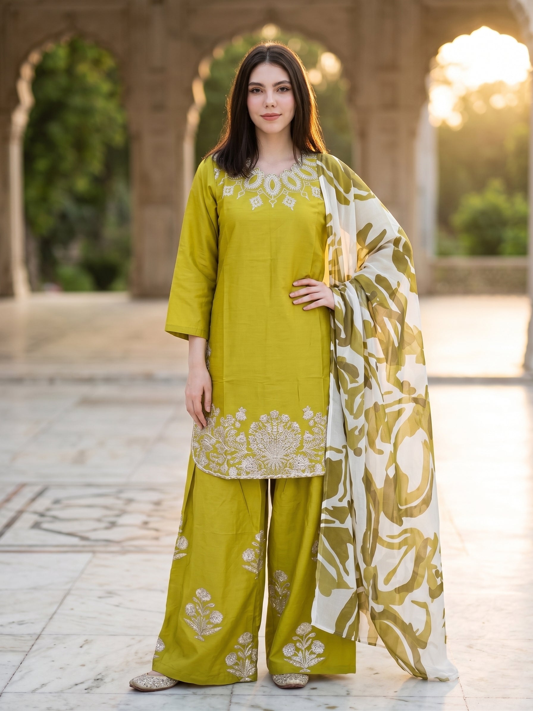 Mehndi Olive 3-Piece Embroidered Cotton Suit | Farshi Shalwar & Printed Dupatta | Ready to Wear