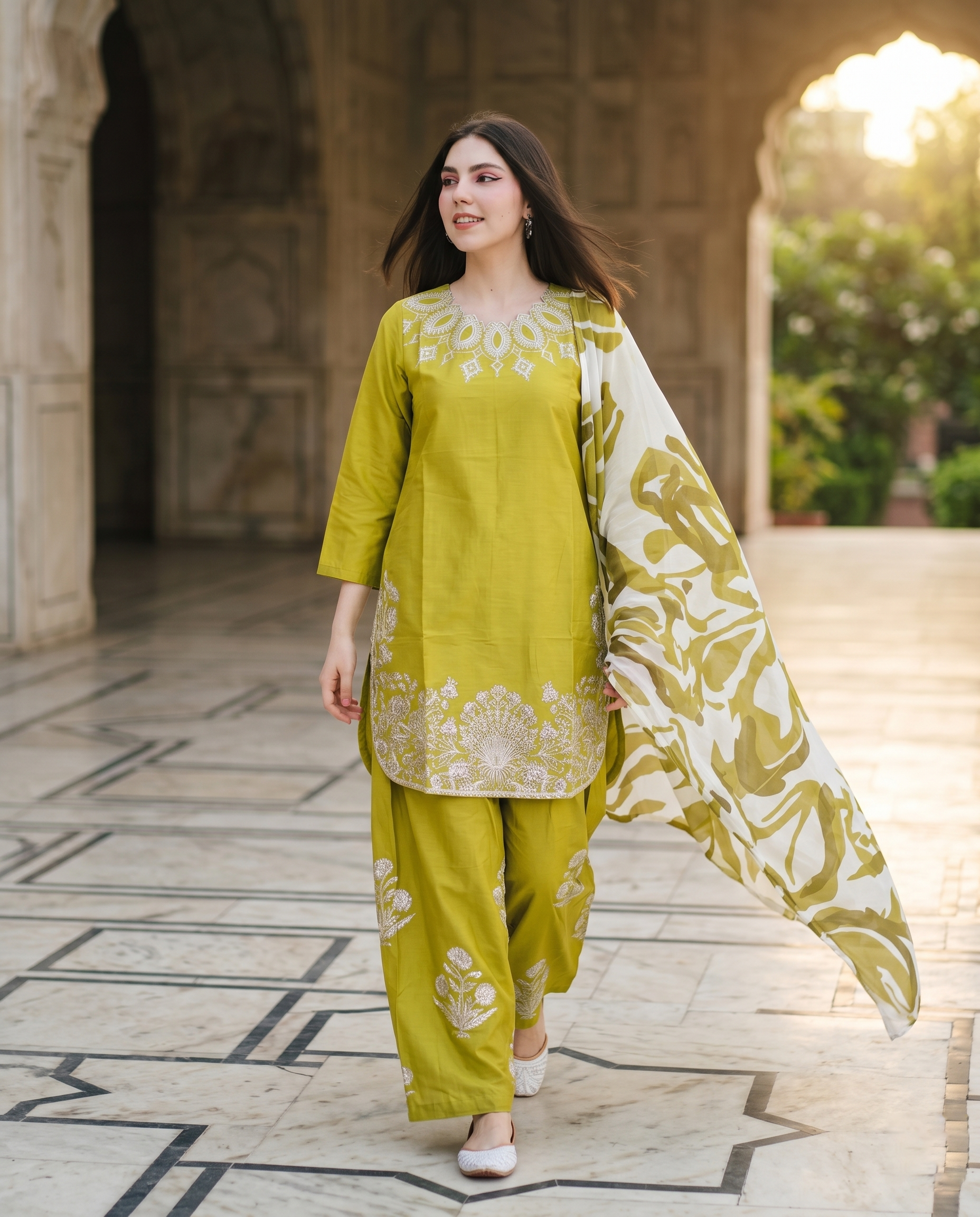 Mehndi Olive 3-Piece Embroidered Cotton Suit | Farshi Shalwar & Printed Dupatta | Ready to Wear